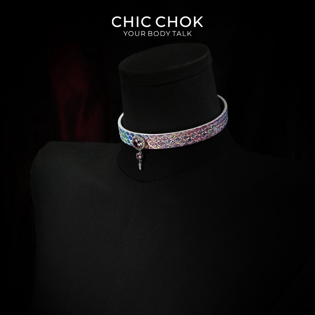 CHIC CHOK Rainbow Iridescent Snakeskin Necklace, Crystal Gemstone Pendant, Dazzling Python Skin Choker.