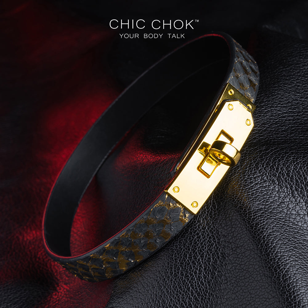 chicchok - handmade black, gold non-adjustable collar, soft leather material, comfortable to wear