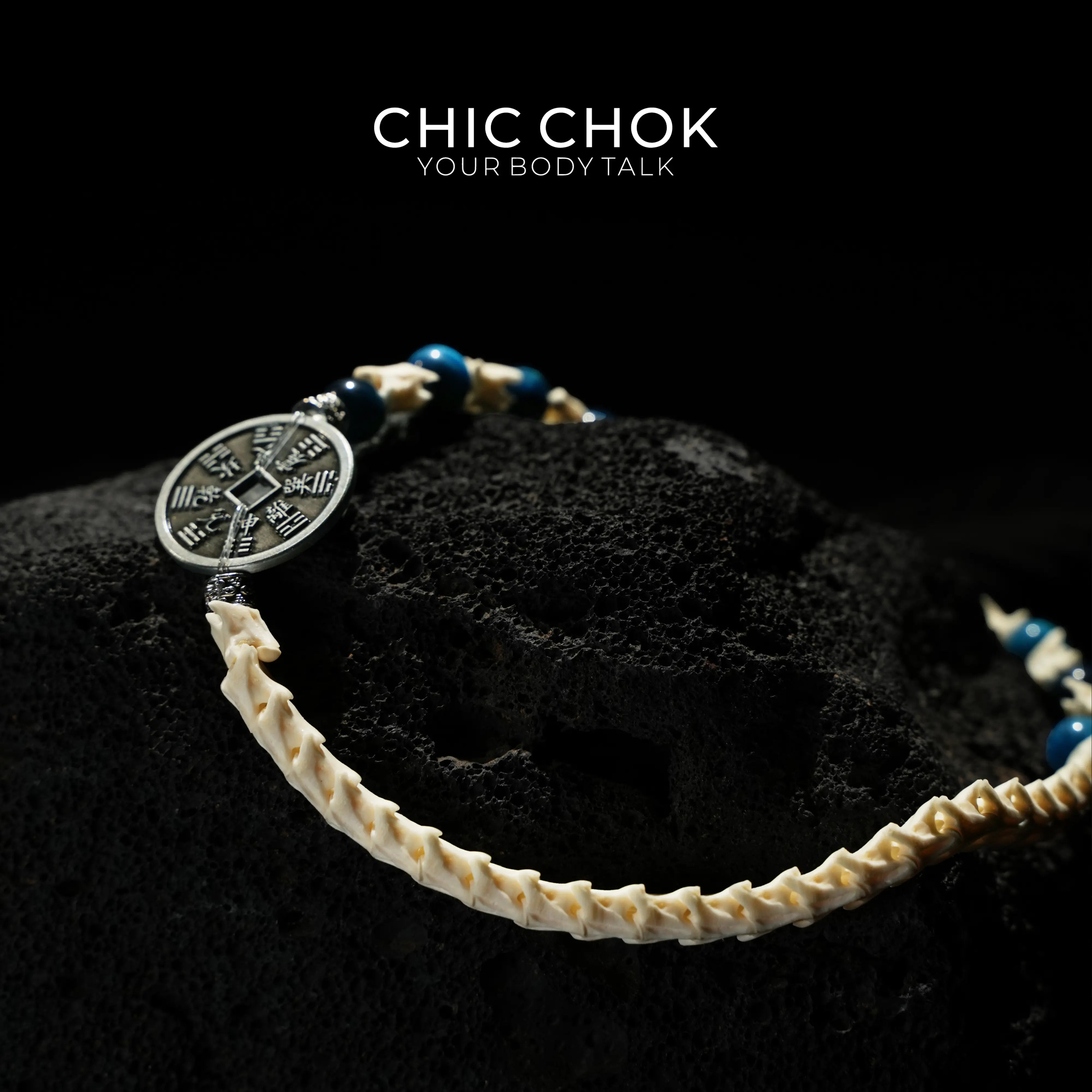 Obsidian Copper Coin Snake Bone Beaded Bracelet
