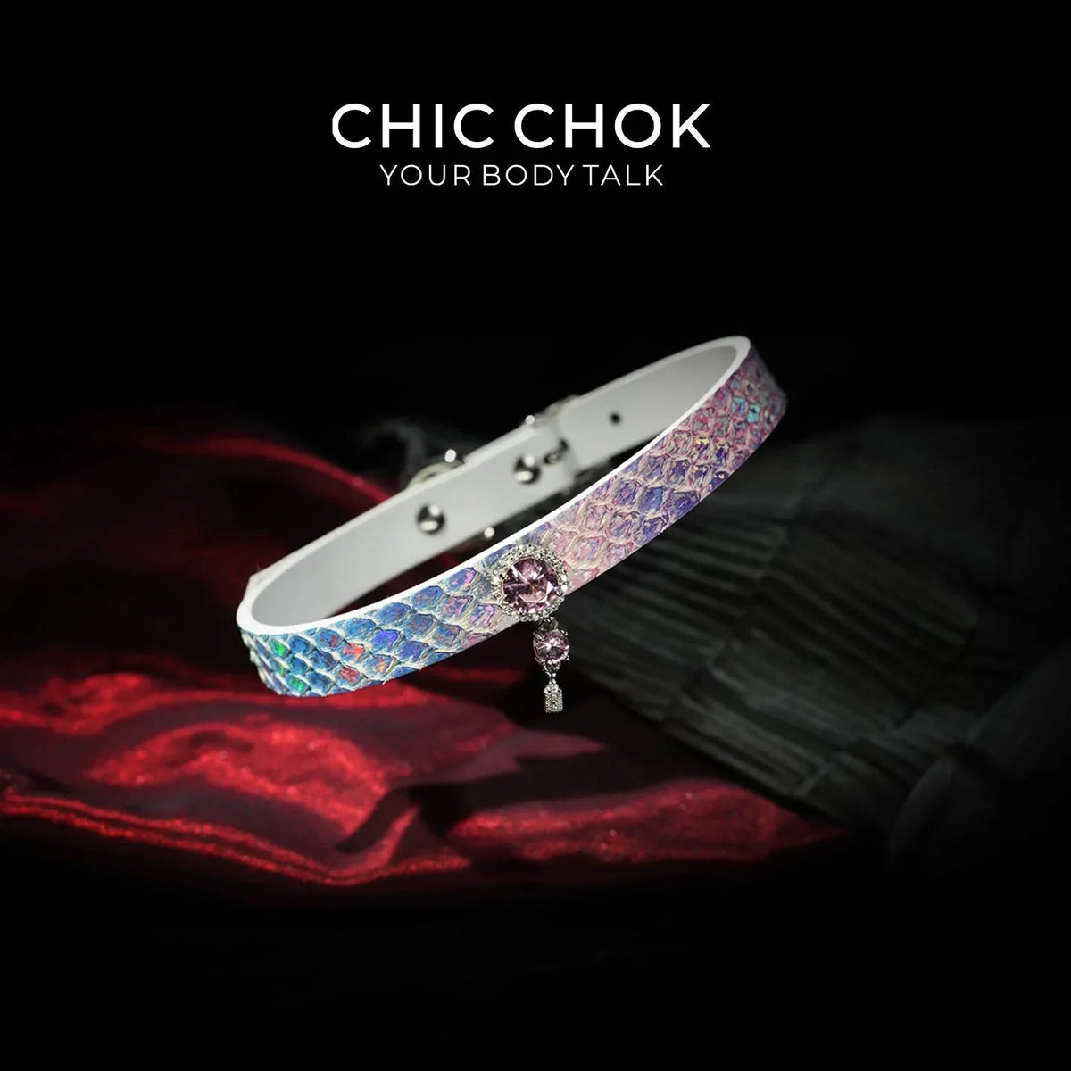 CHIC CHOK Rainbow Iridescent Snakeskin Necklace, Crystal Gemstone Pendant, Dazzling Python Skin Choker. - CHICCHOK -