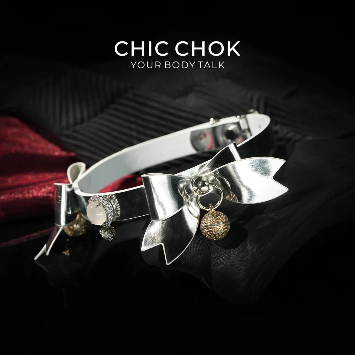 CHIC CHOK Silver Shell Butterfly Chrome Bow & Pearl-Soft Leather Collar Necklace - CHICCHOK - Choker