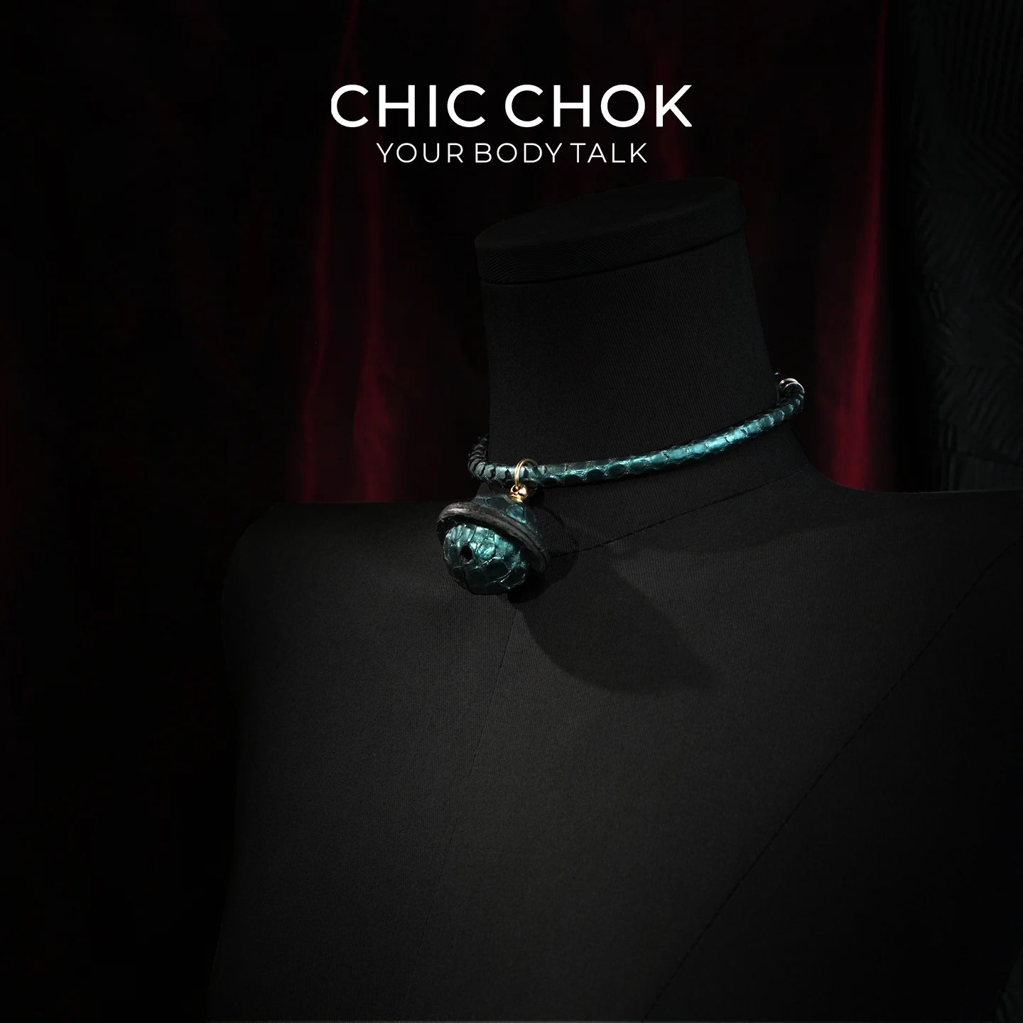 CHIC CHOK The Orchid’s Gaze Teal Snake-Texture Collar with Silent Bell Pendant