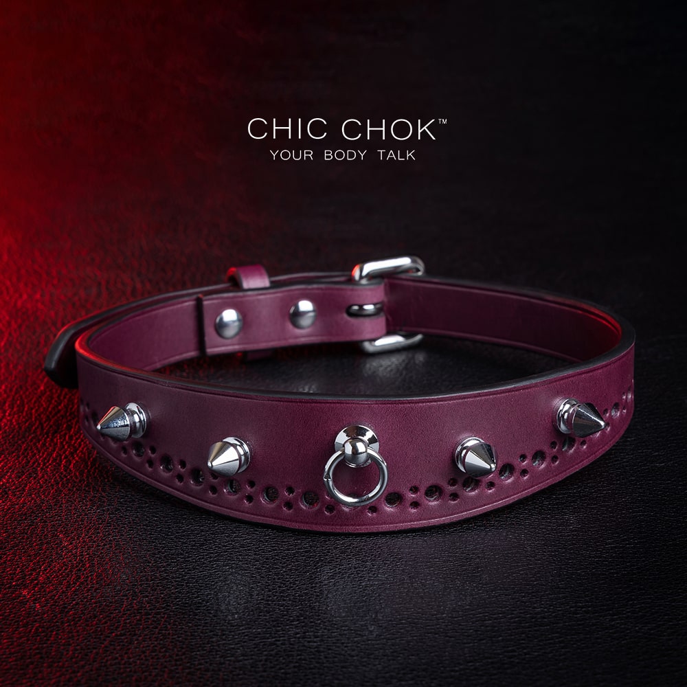 chicchok "Stay with Me" Collar Burgundy leather spiked choker with polished silver spikes, gothic fashion