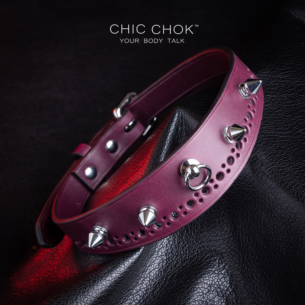 chicchok "Stay with Me" Collar Burgundy leather spiked choker with polished silver spikes, gothic fashion