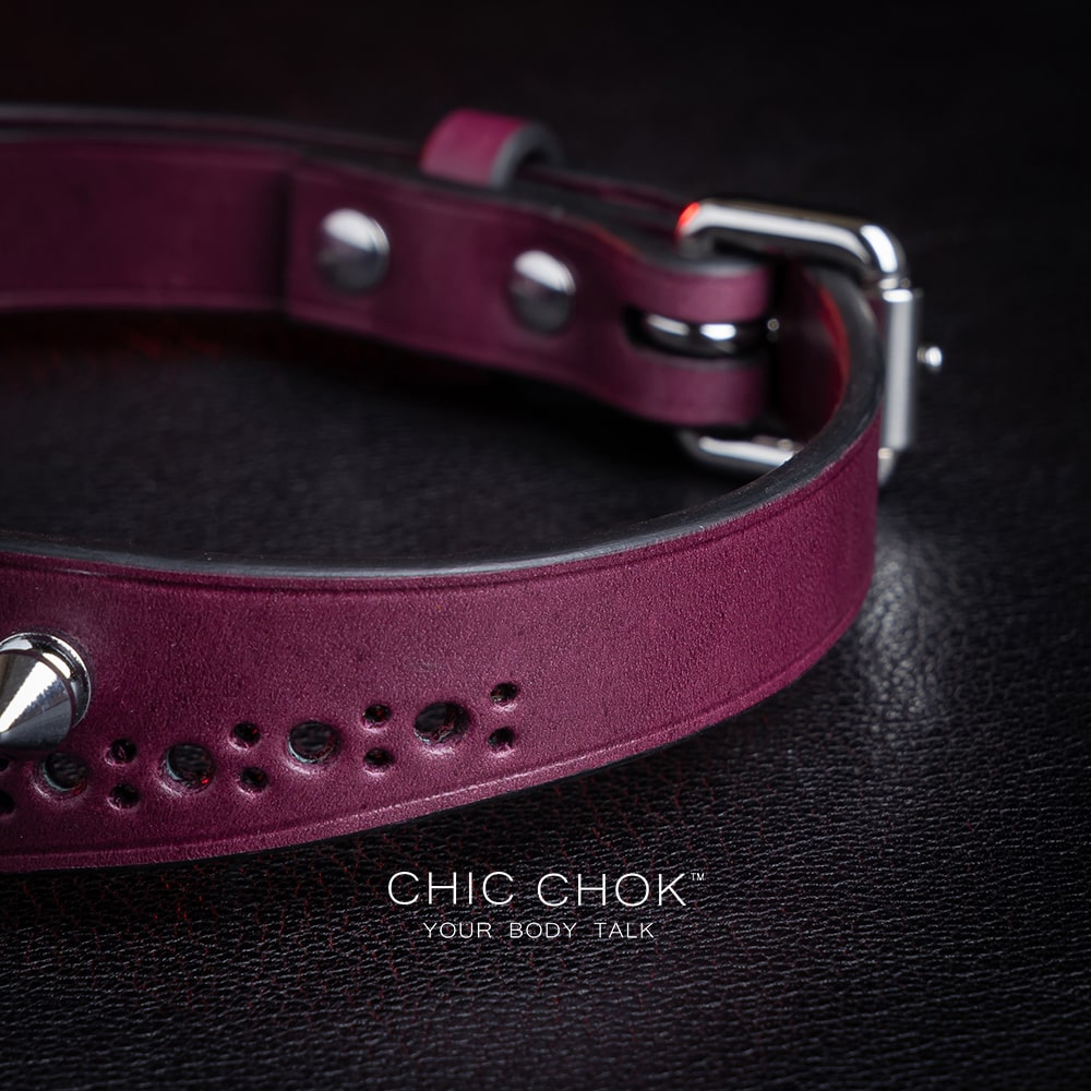 chicchok "Stay with Me" Collar Burgundy leather spiked choker with polished silver spikes, gothic fashion