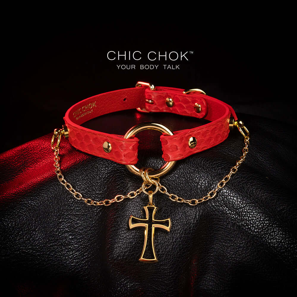 Flaming python leather, cross, handmade original design, choker