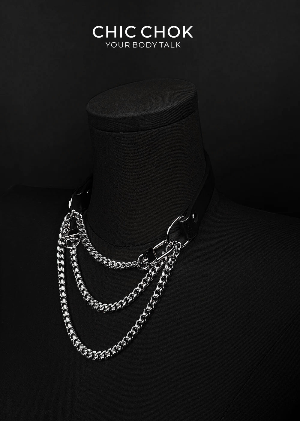 CHICCHOK [Breathless] Fashion Black with Thick Chains, Movable Pulling Chain Daily Wear Leather Necklace Choker versatile wear(Removable chain)