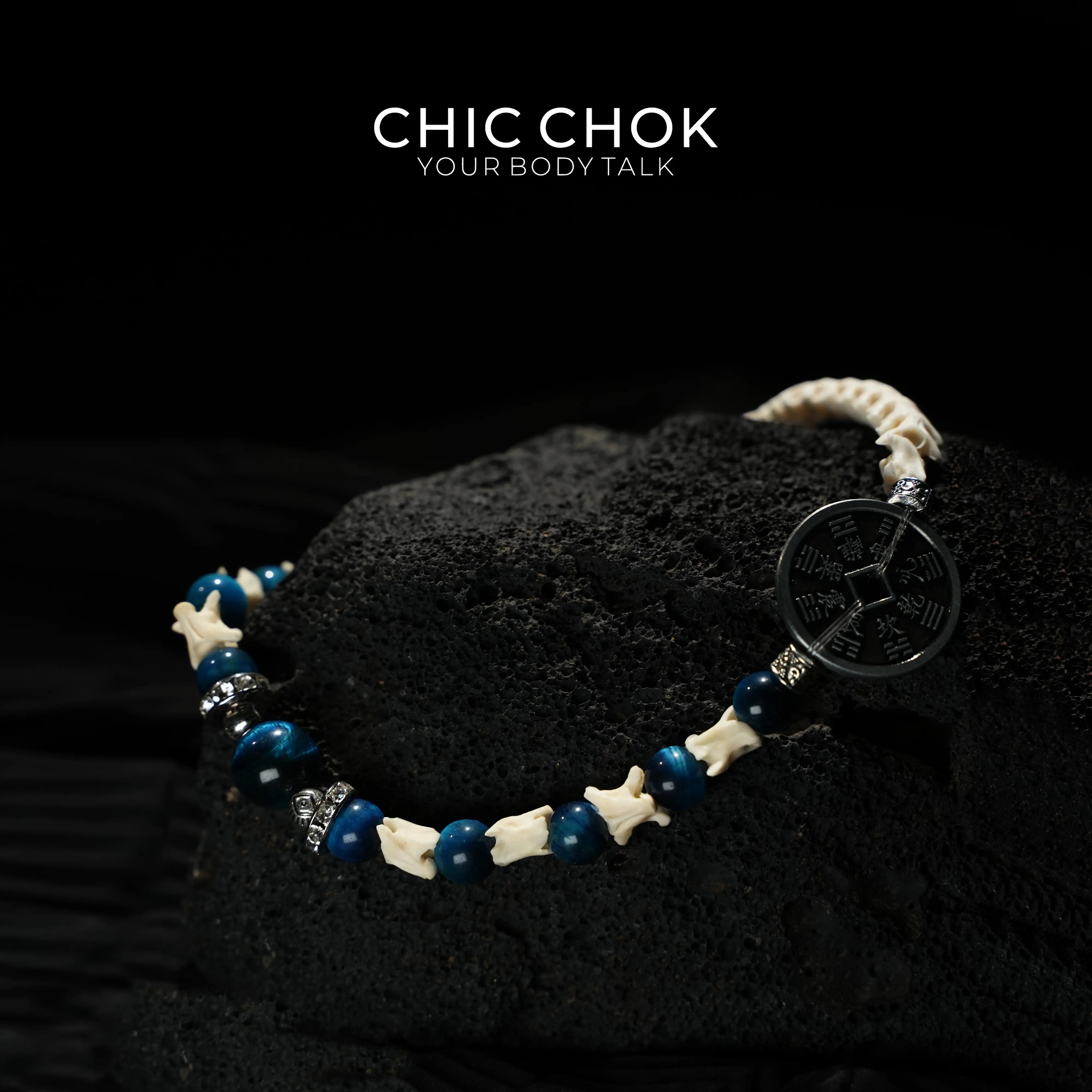 Obsidian Copper Coin Snake Bone Beaded Bracelet