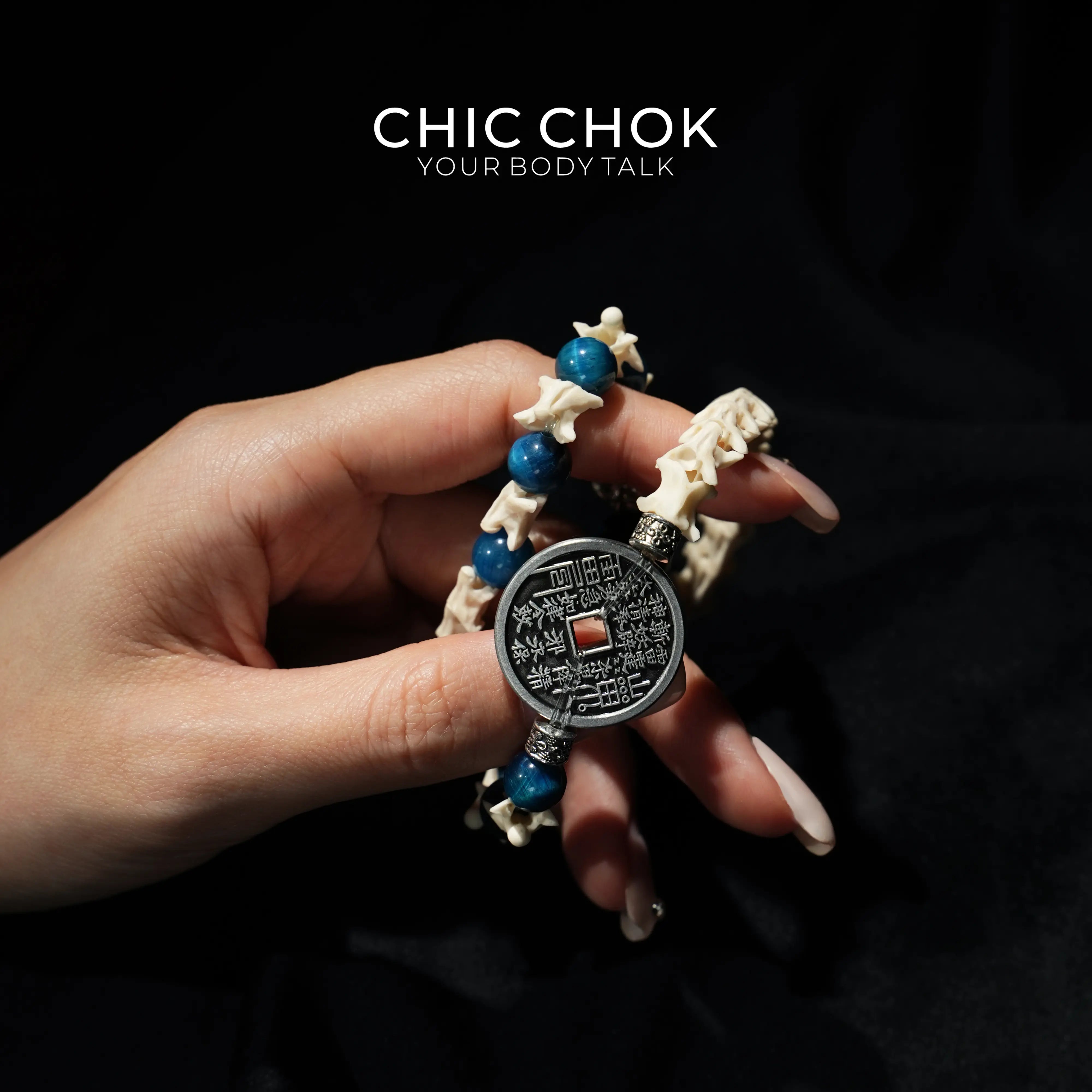 Obsidian Copper Coin Snake Bone Beaded Bracelet