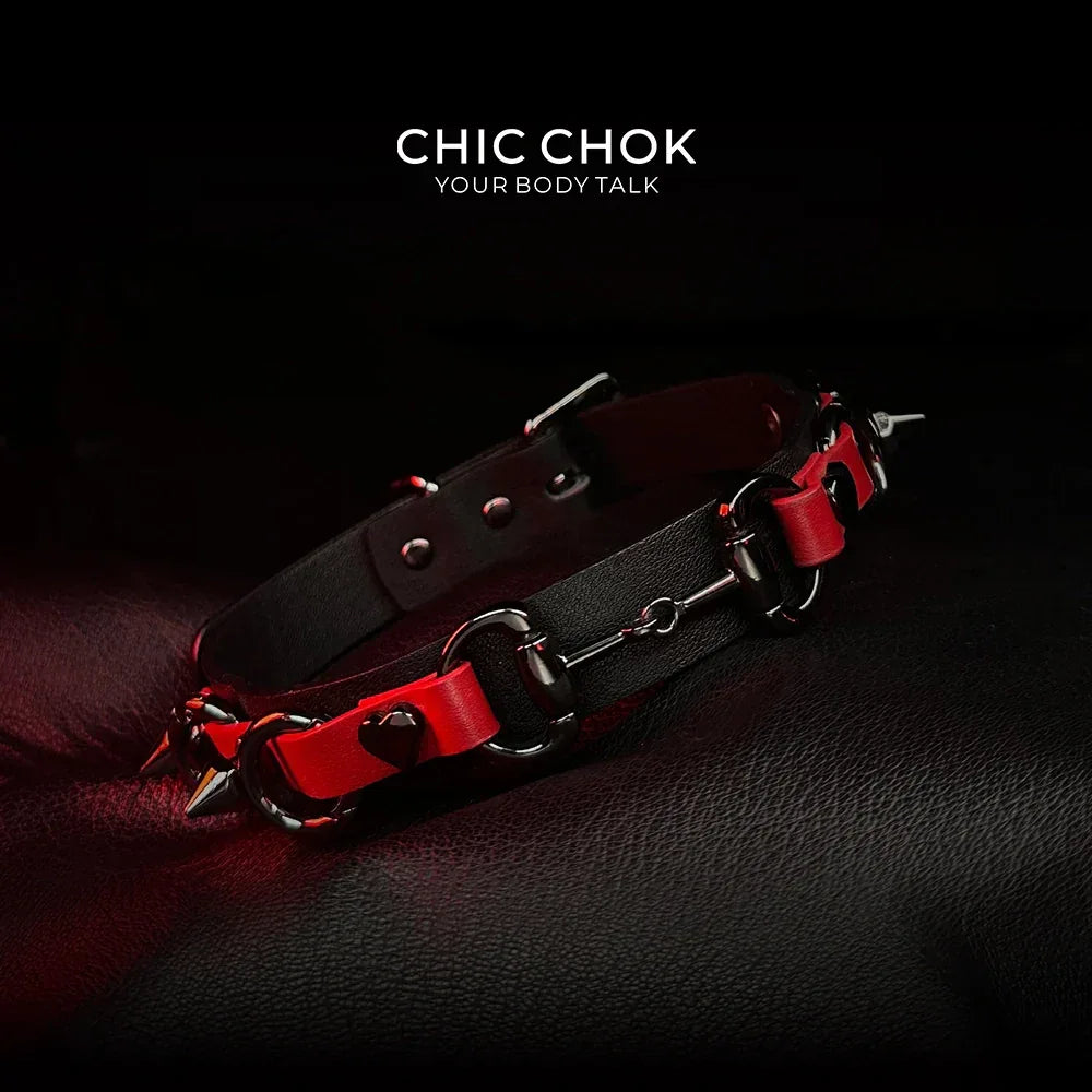 CHICCHOK [Mysterious Queen] Red&Black Spikes Stylish Leather Choker - CHICCHOK