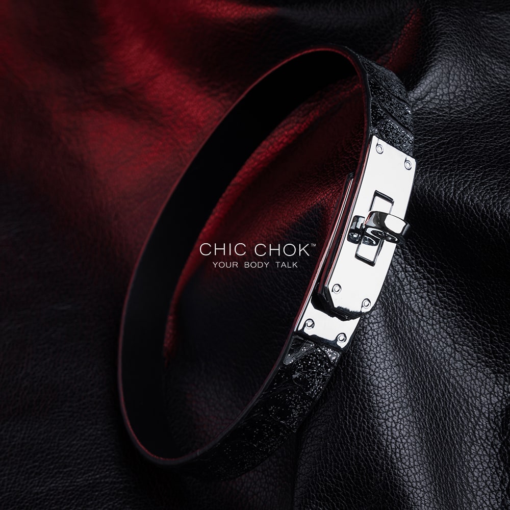 Hypnotic - Collar Silver lock with alligator leather white trim. Handmade, original design.