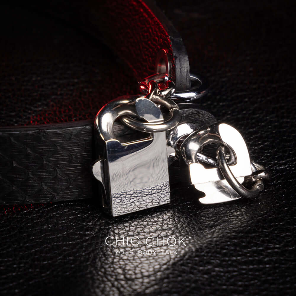 The chicchok black leather collar jewelry has a snakeskin texture on the surface, paired with silver chain and buckle details, showing a combination of elegance and personality.