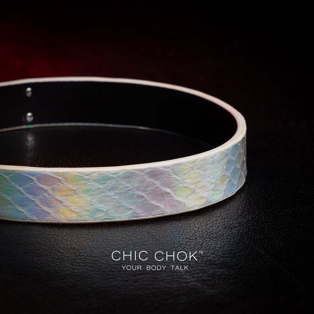 chicchok Quain - Collar chicchok iridescent python leather with metallic silver clasp, suitable for pairing with high-end white clothes, wearing it will have reflective colorful colors